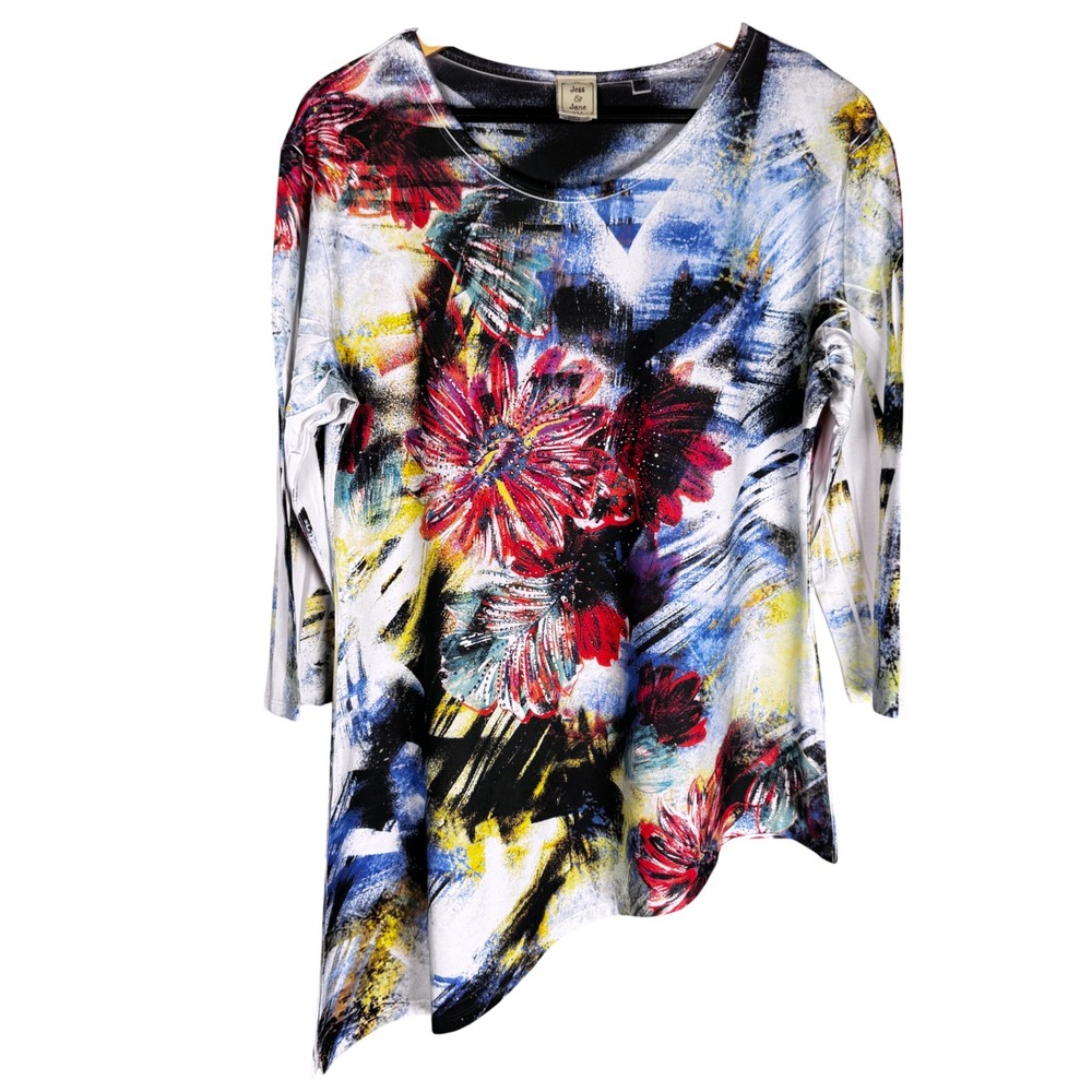 Jess & Jane‎ Womens Sz M Tunic Top Asymmetrical Artsy Floral Print Beaded USA